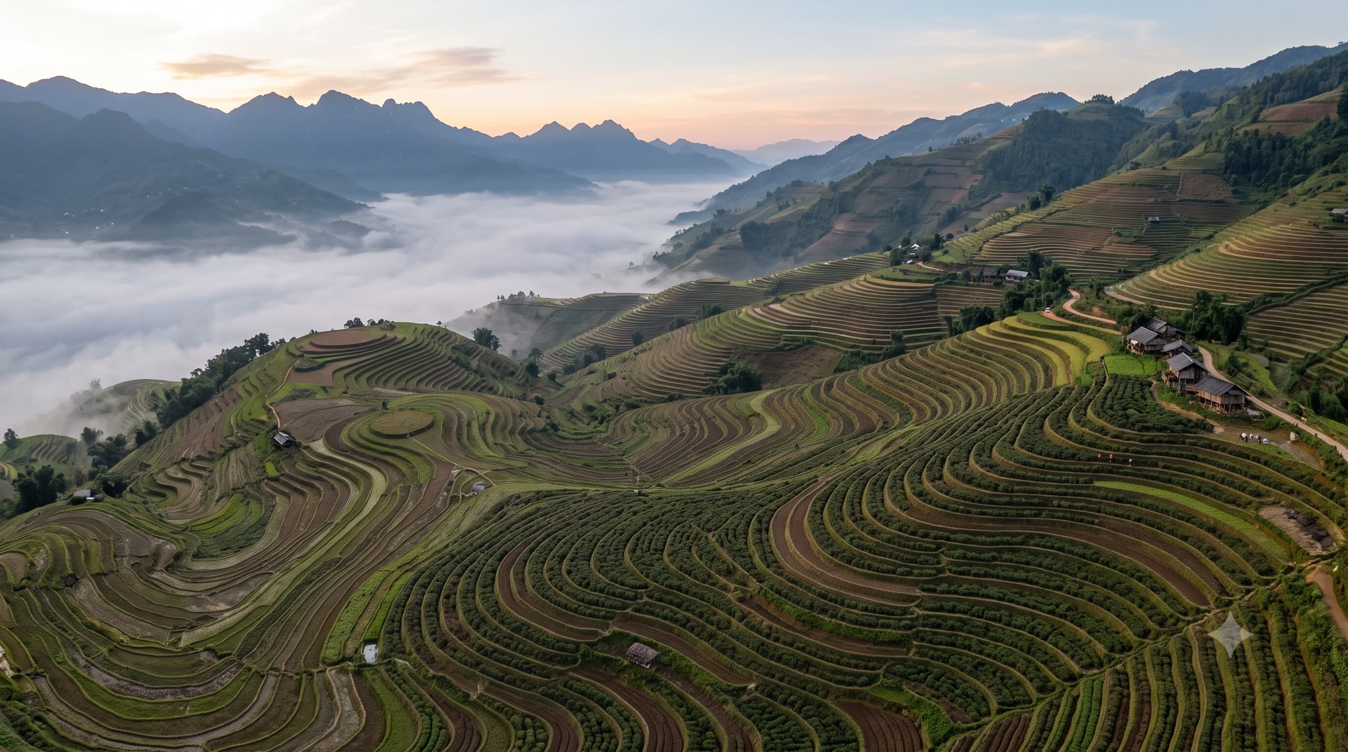 Terraced farmland layered across a hillside at origin