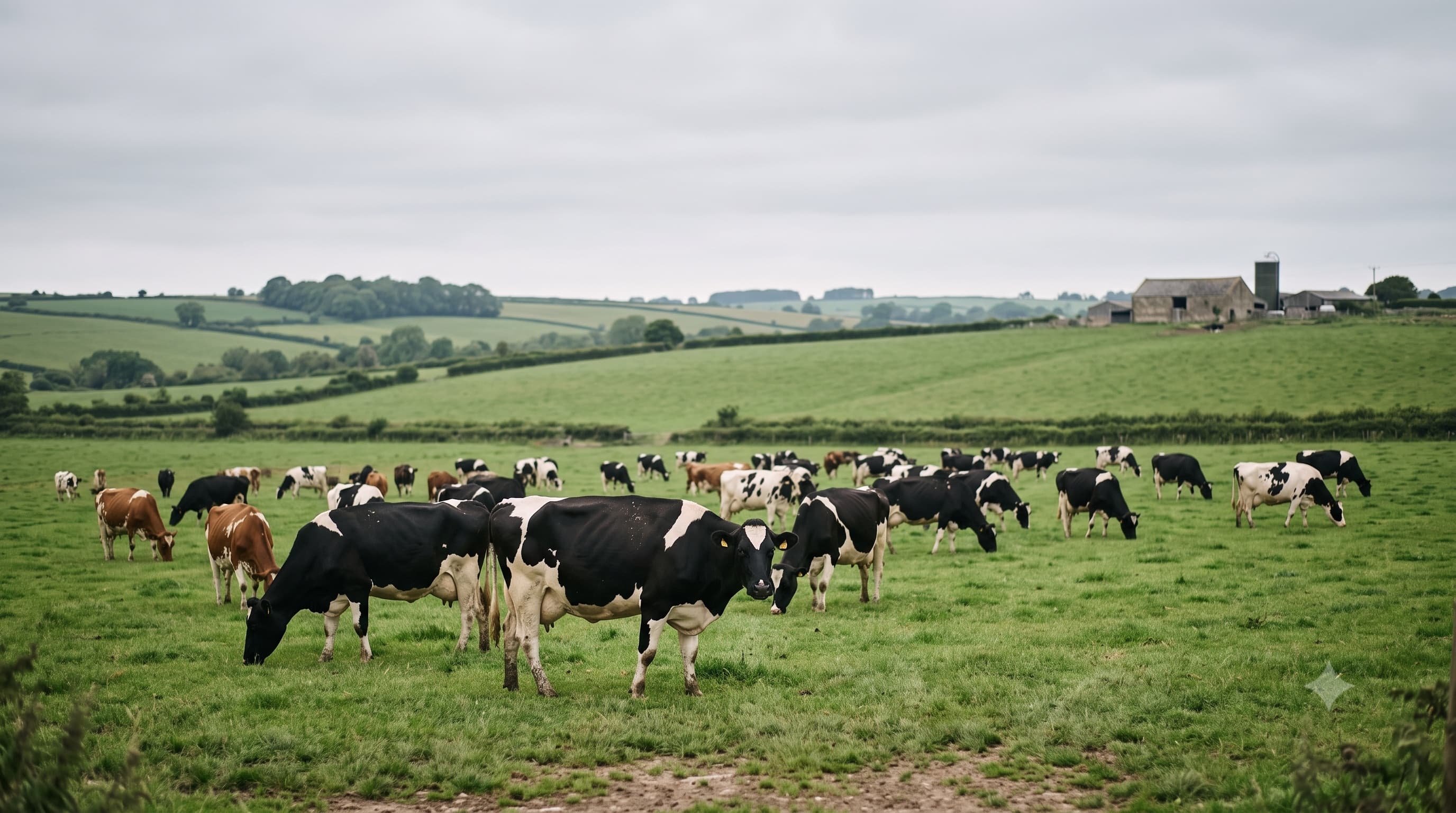 Dairy herd grazing on open pasture in a milk-producing region