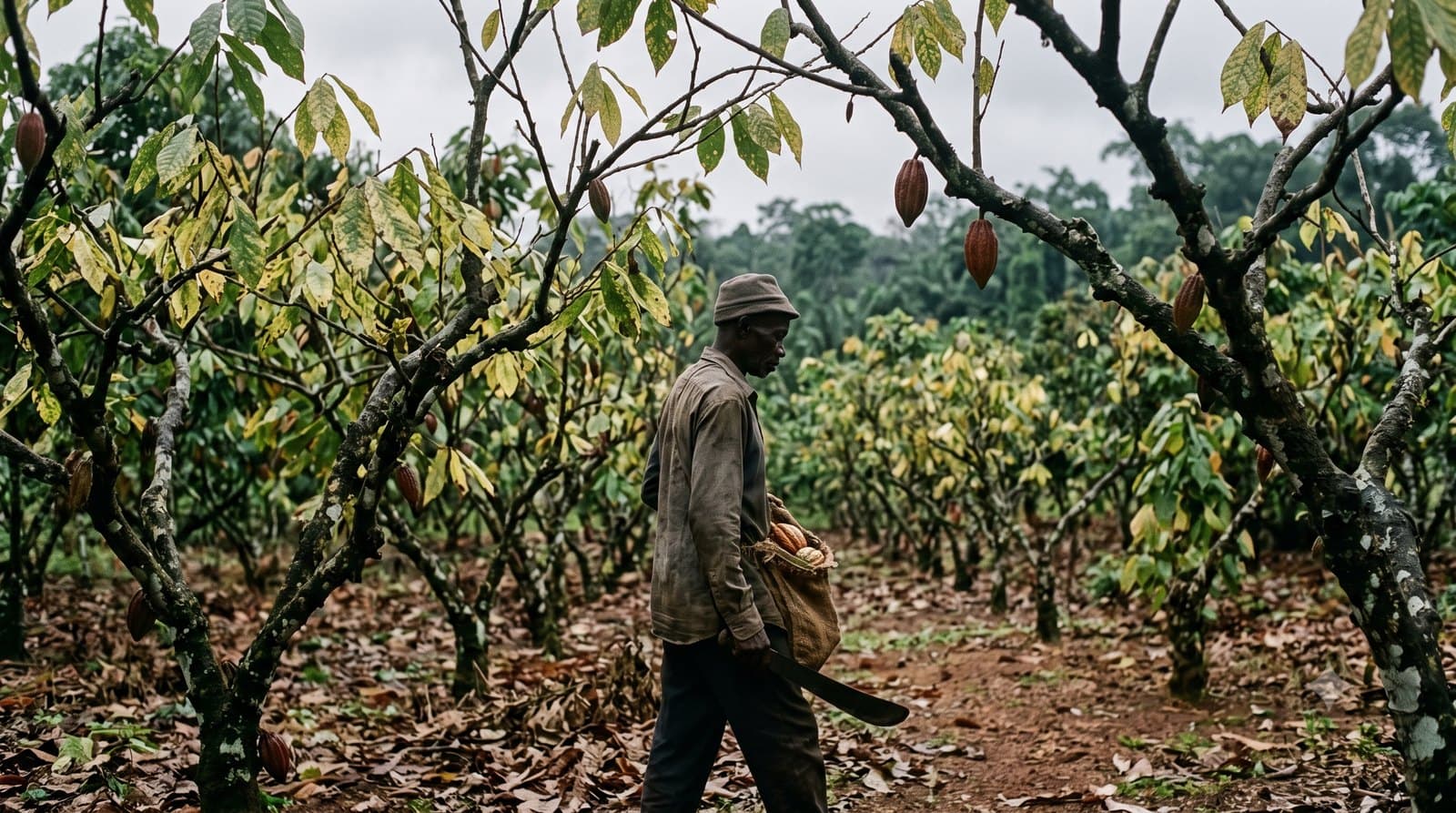 An aging West African cocoa farm with sparse pods and diseased trees, illustrating the structural supply crisis