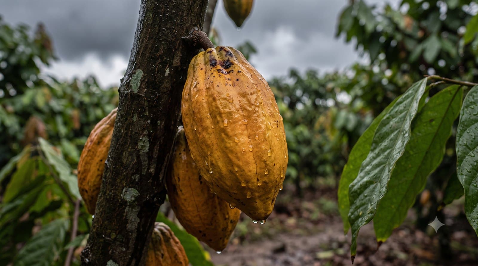 Ripe cocoa pods on the tree in an Ivory Coast plantation, glistening with rain under grey monsoon clouds