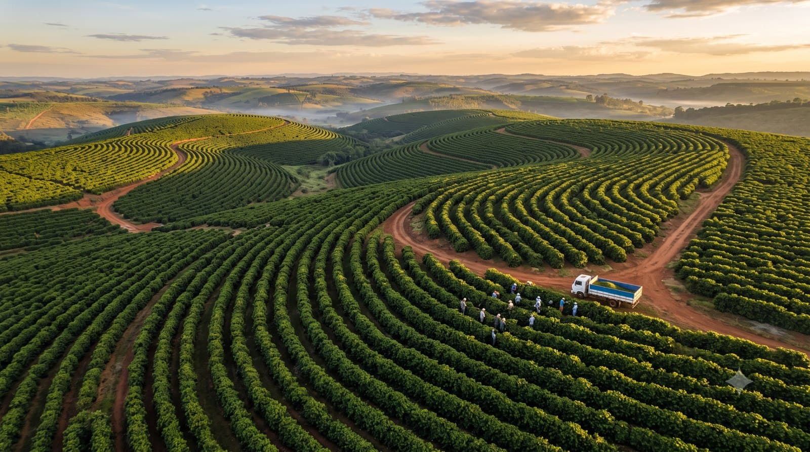 Aerial view of Brazilian arabica coffee plantations in contoured rows over rolling hills at golden hour