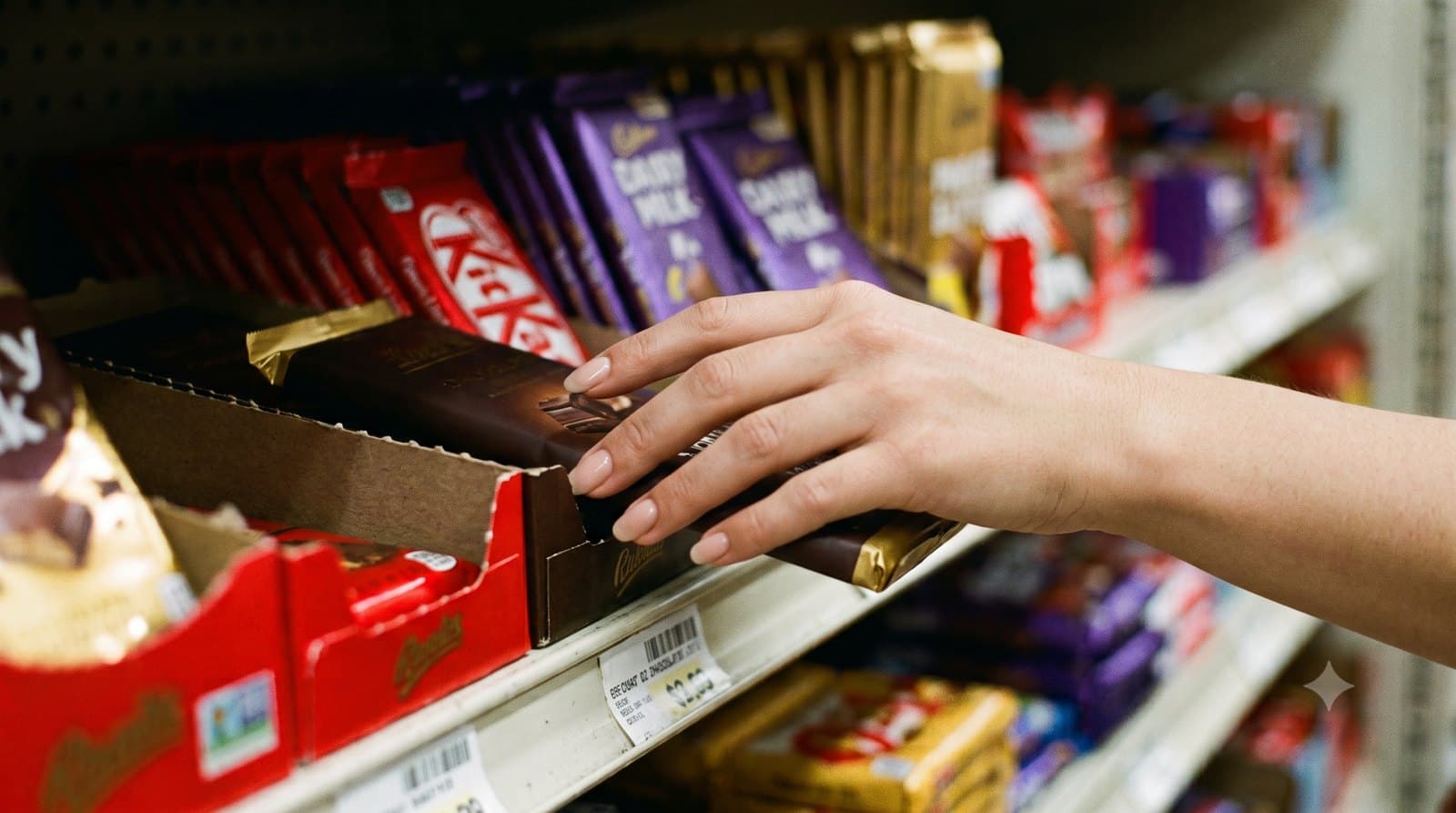 A supermarket chocolate aisle with well-known chocolate brands softly blurred and price tags visible